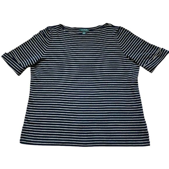 Ralph Lauren LRL Shirt Women 2X Plus Blue Gold Stripe Roll Sleeve Metallic - Picture 1 of 10